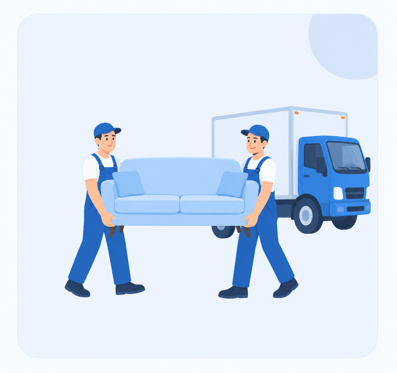 Two movers carrying a sofa with a pickup truck ready to load