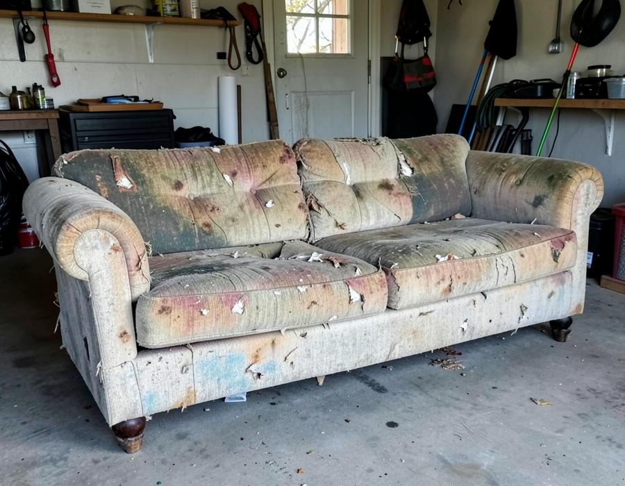 Torn and stained sofa that does not qualify for free donation pickup